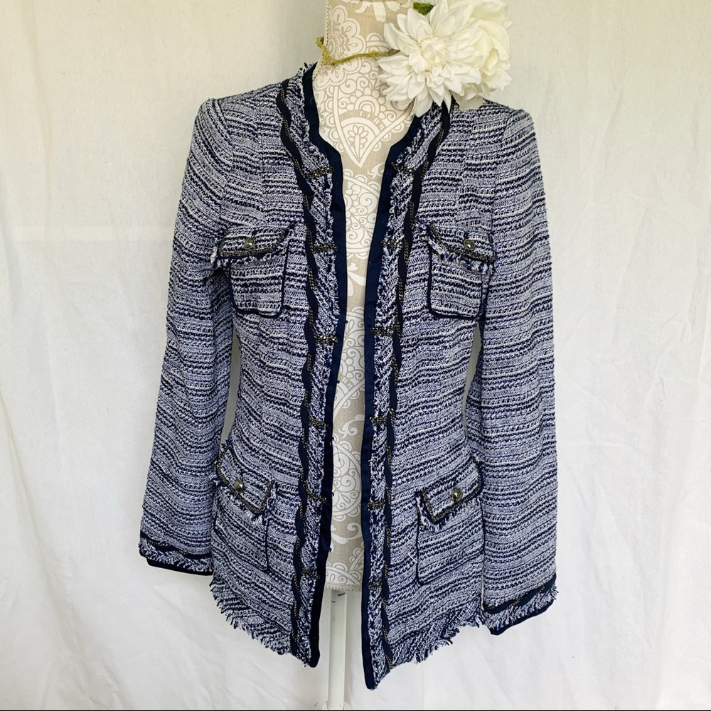 Womens Navy & White Tweed Open Front Jacket
